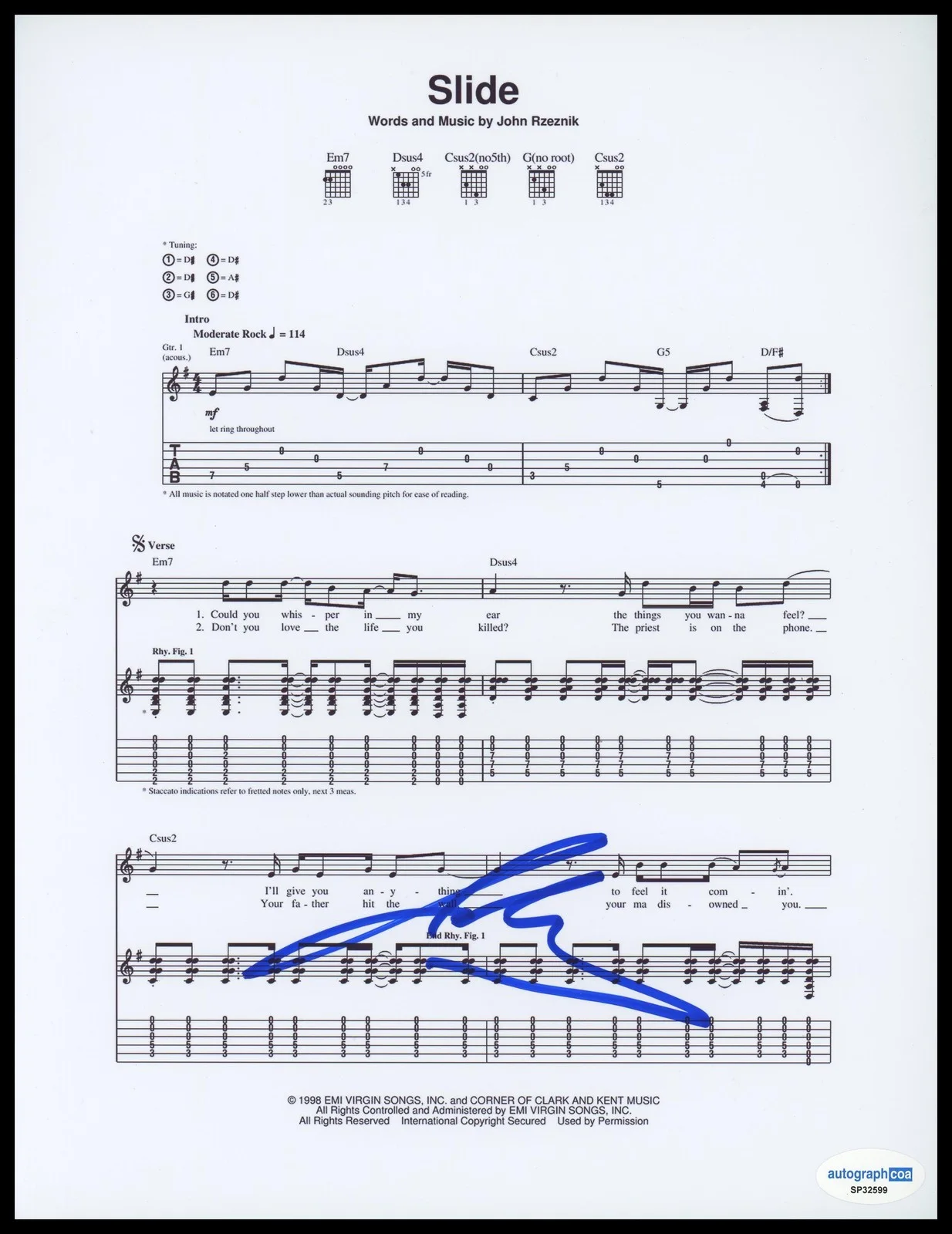Johnny Rzeznik — John Rzeznik "Goo Goo Dolls" AUTOGRAPH Signed Johnny 'Slide' Sheet Music ACOA