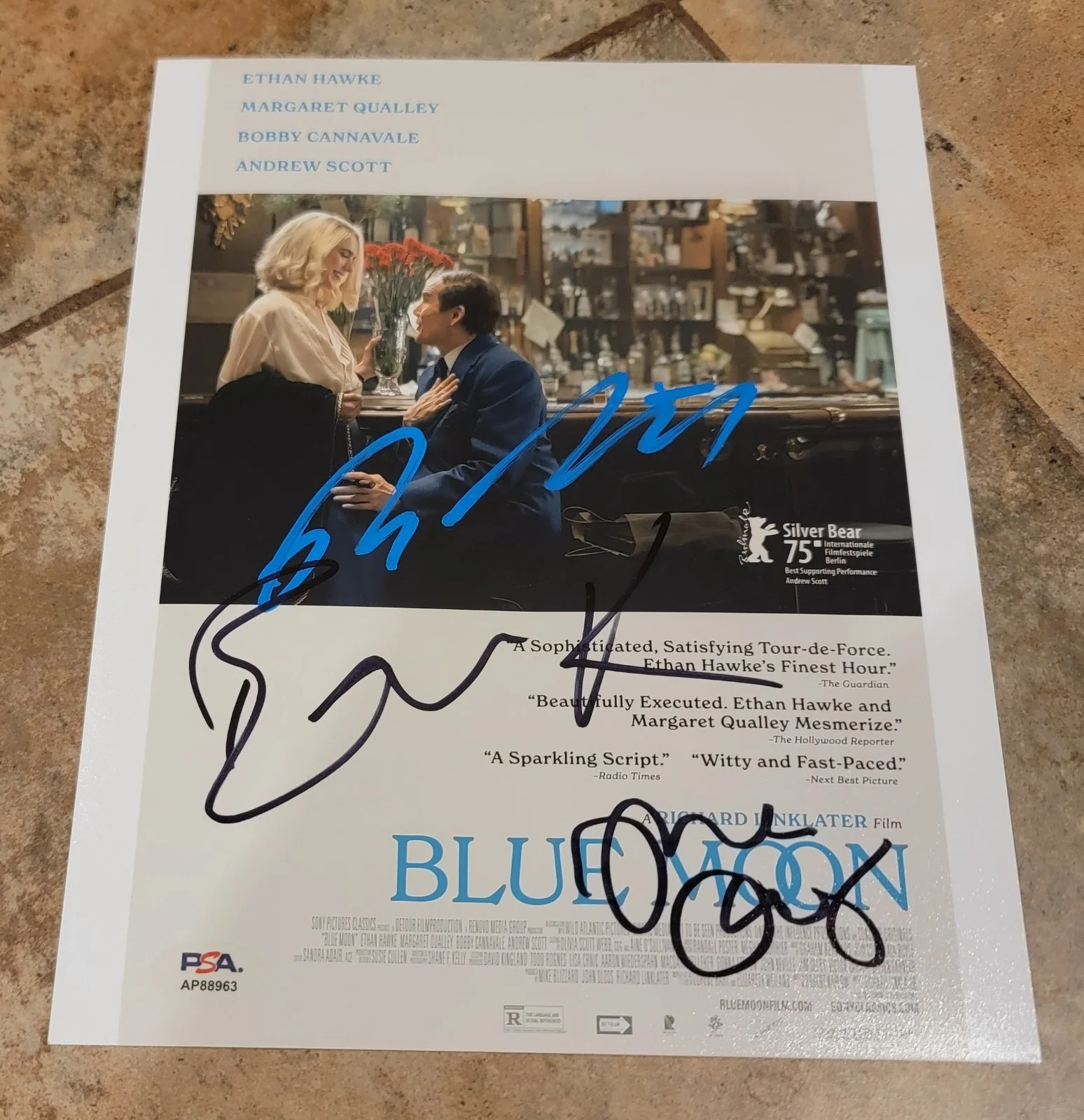 Ethan Hawke, Margaret Qualley, Richard Linklater — Blue Moon cast x3 signed 8x10 photo autograph PSA Ethan Hawke Margaret Qualley