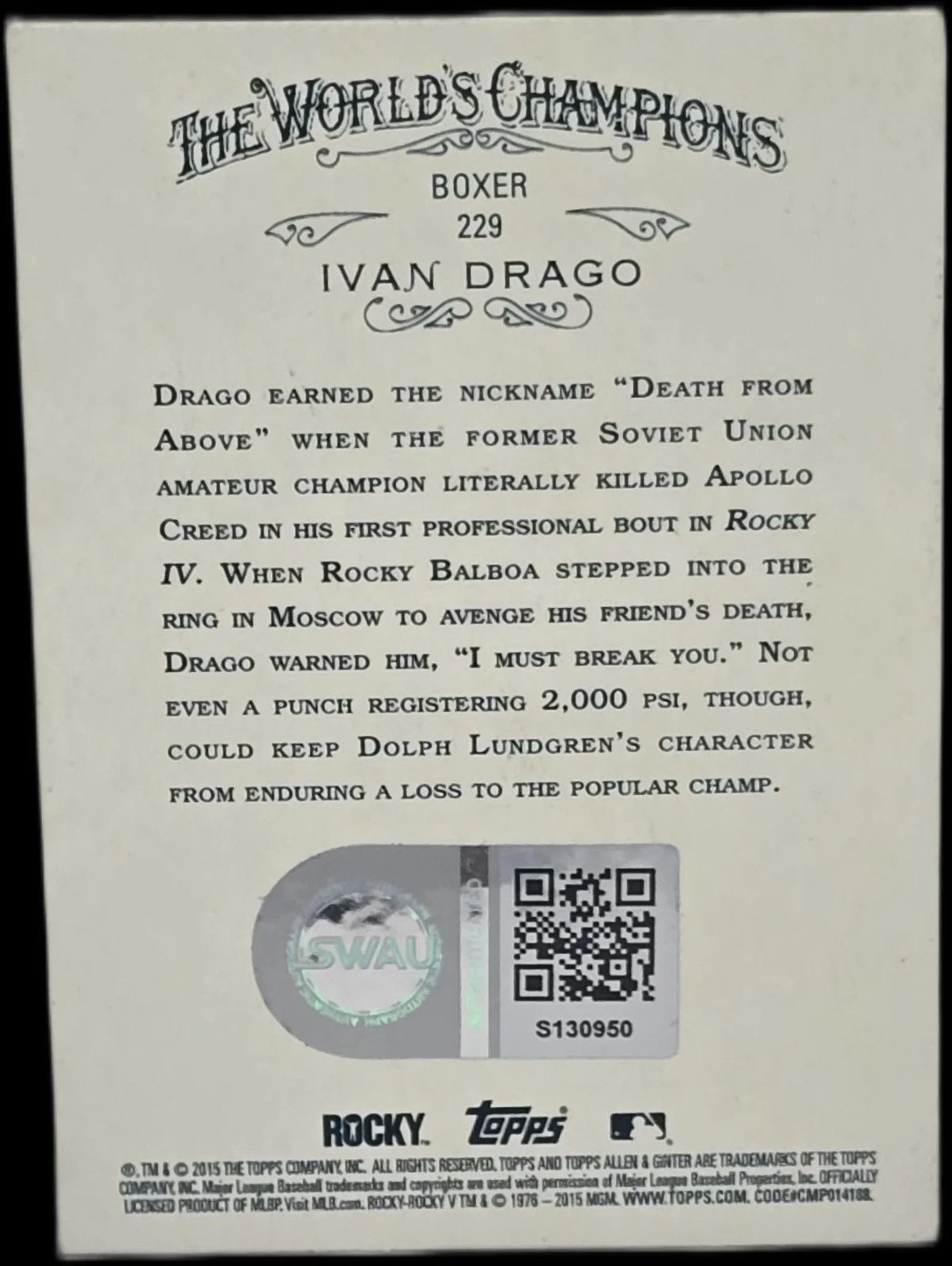dolph lundgren — Dolph Lundgren Signed 2015 Topps Allen & Ginter Ivan Drago Card #229 SWAU #2, image 2