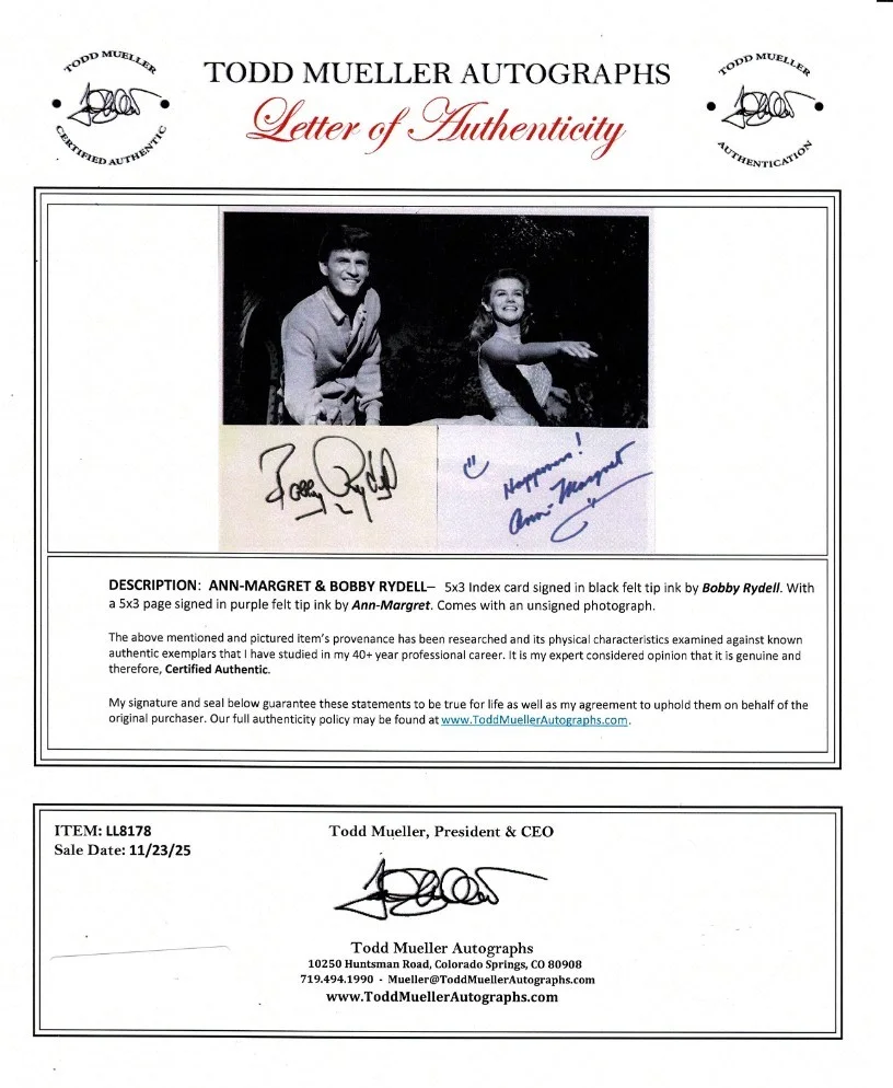 ANN MARGRET, BOBBY RYDELL — ANN MARGRET & BOBBY RYDELL SIGNED INDEX CARDS + PHOTO TODD MUELLER COA, image 2