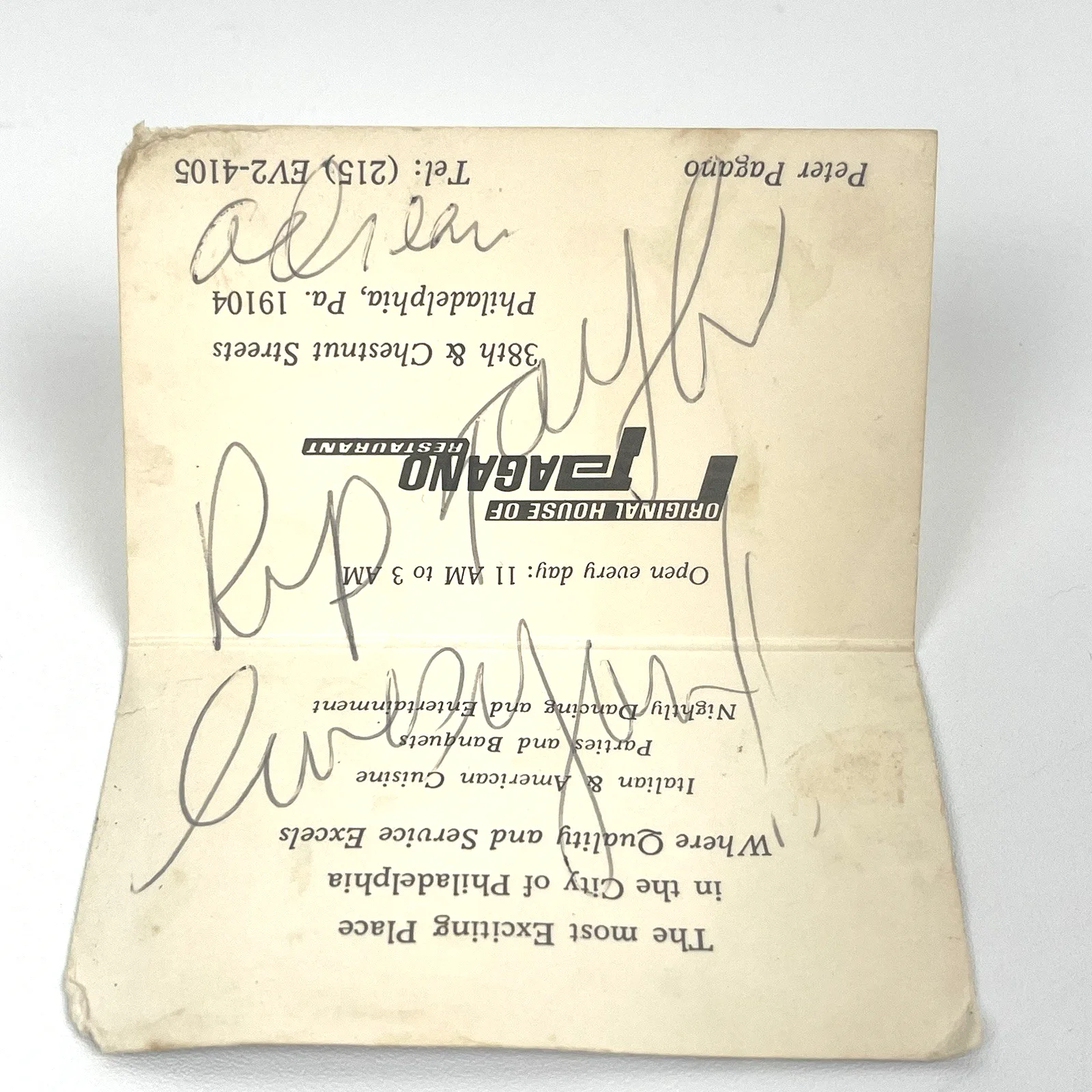 Rip Taylor — Rip Taylor Signed House of Pagano Philly Restaurant Card 1960s TV Autograph MCM, изображение 2