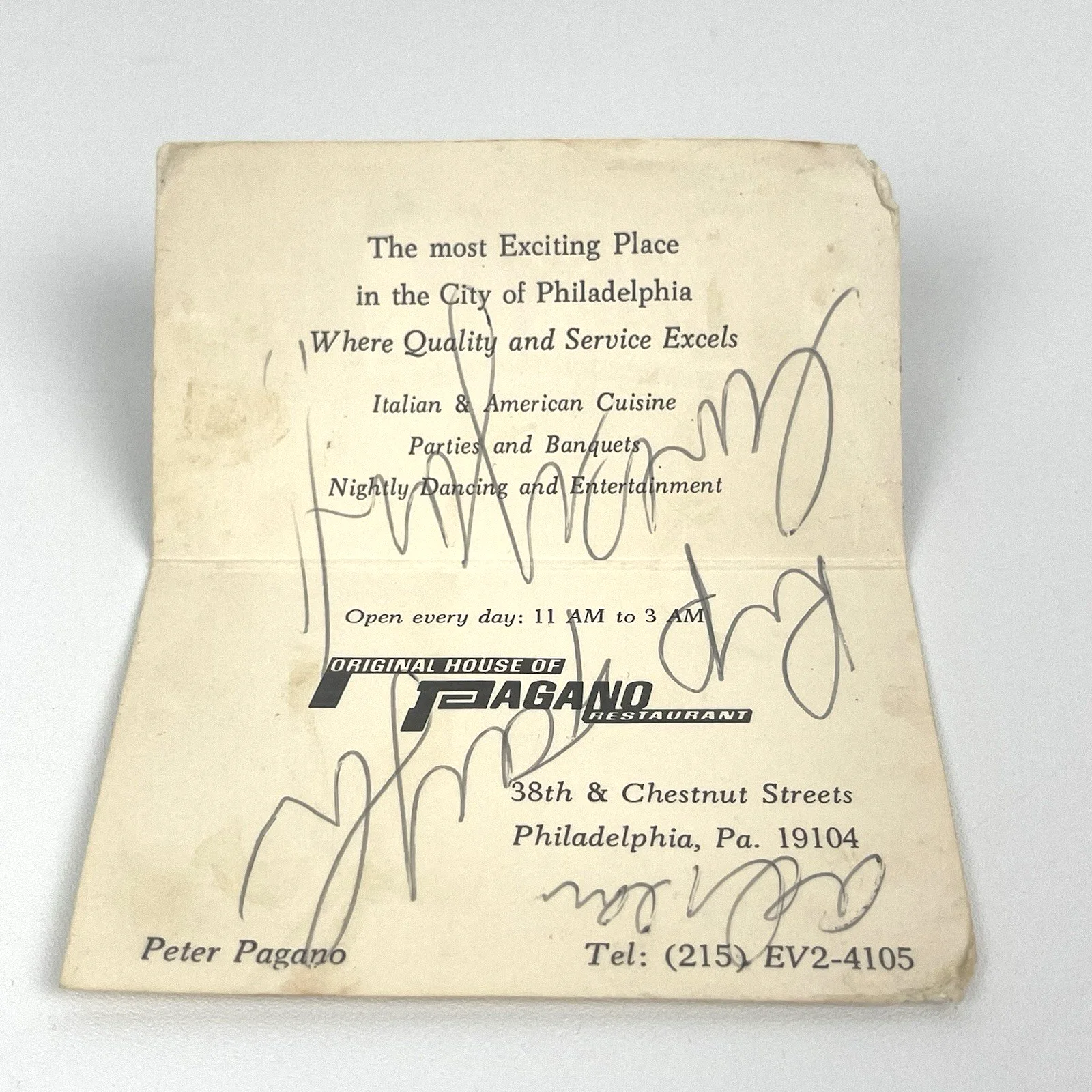 Rip Taylor — Rip Taylor Signed House of Pagano Philly Restaurant Card 1960s TV Autograph MCM, изображение 3
