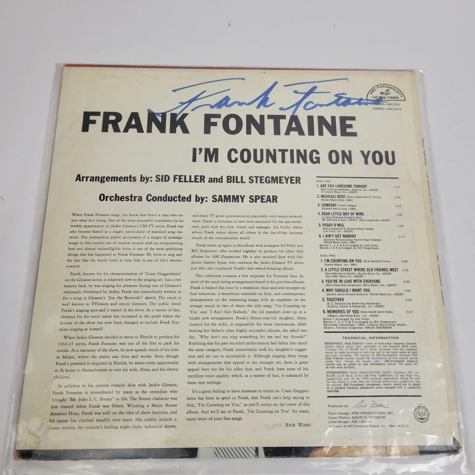 FRANK FONTAINE — FRANK FONTAINE AUTOGRAPHED SIGNED LP RECORD 1950s / 60s TV STAR, image 2