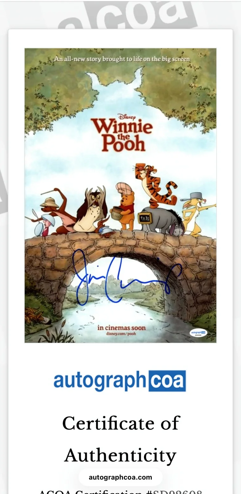 Jim Cummings Signed Winnie the Pooh 11x17 Photo Framed ACOA, image 5