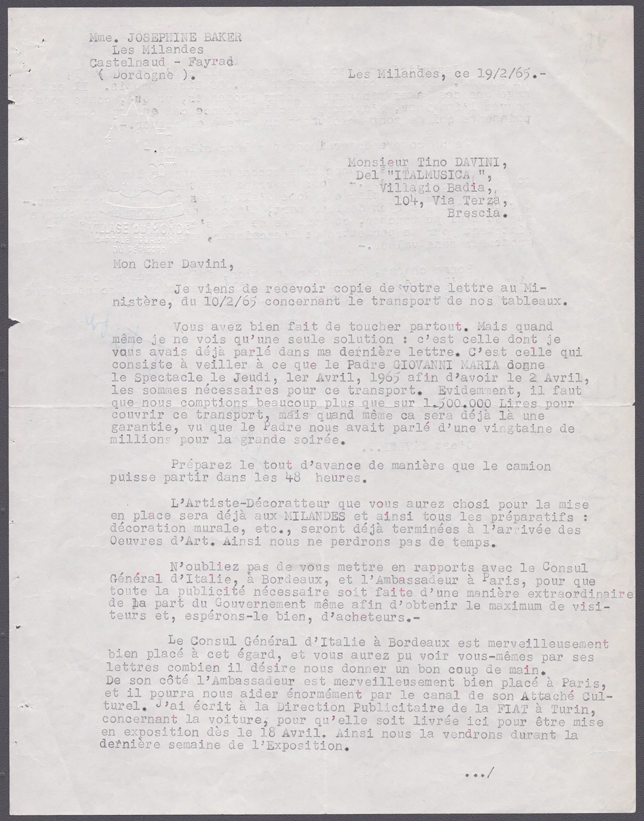 Josephine Baker — JOSEPHINE BAKER - TYPED LETTER SIGNED 02/19/1965