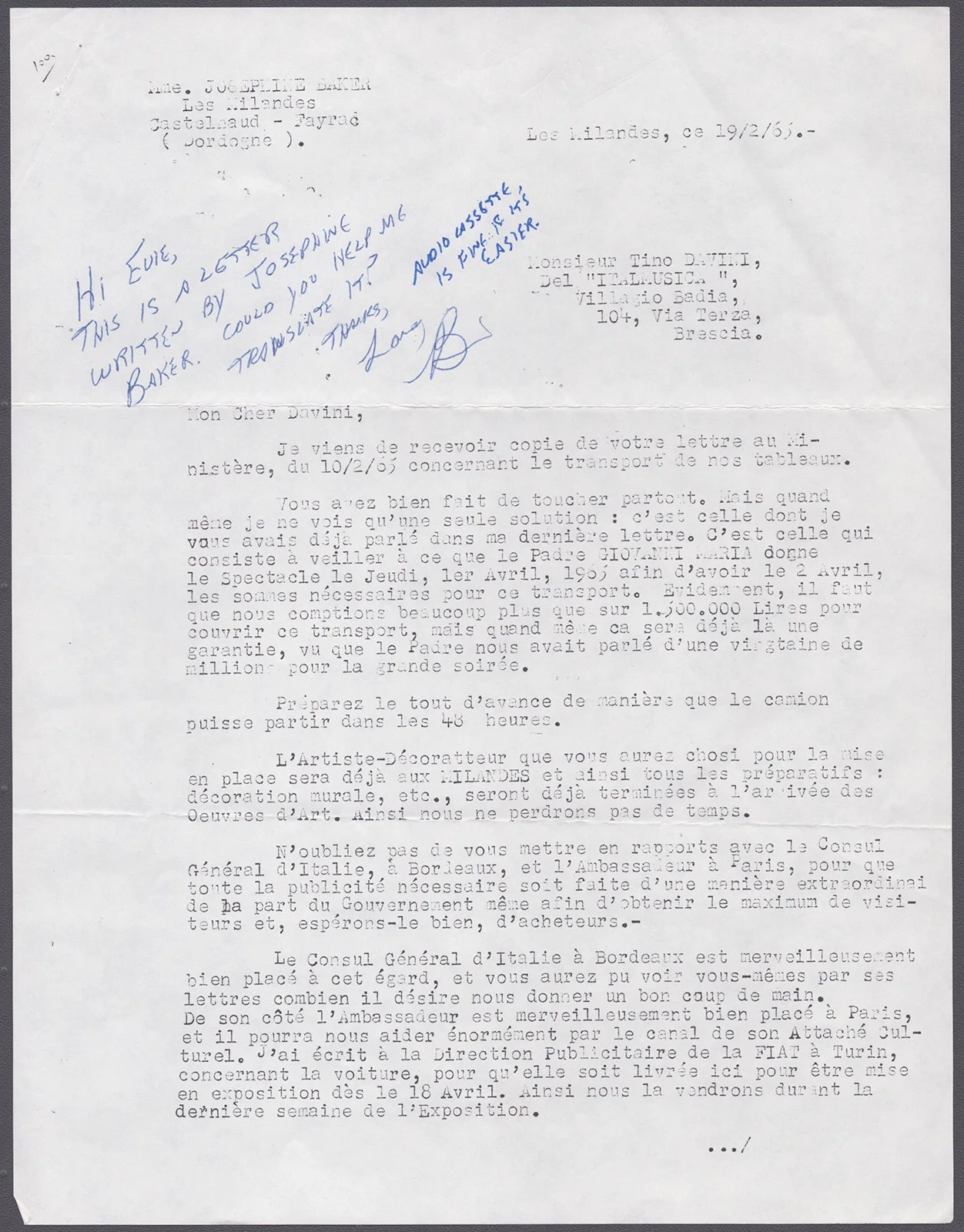 Josephine Baker — JOSEPHINE BAKER - TYPED LETTER SIGNED 02/19/1965, image 4