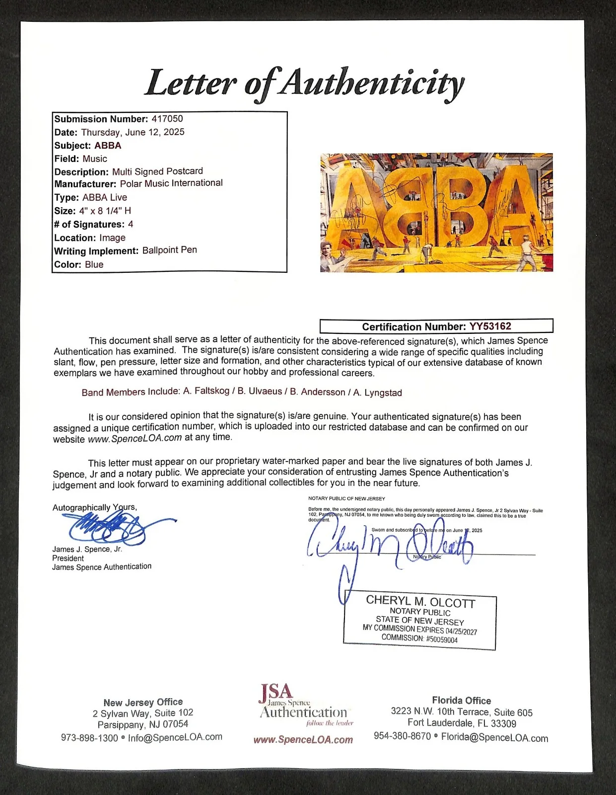 ABBA 8.25"x4" Postcard Autograph JSA Authentic, image 3