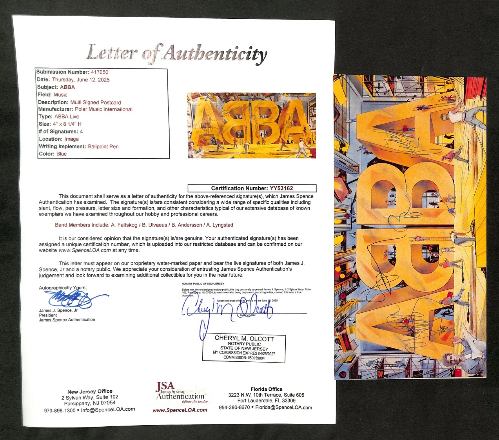 ABBA 8.25"x4" Postcard Autograph JSA Authentic, image 4