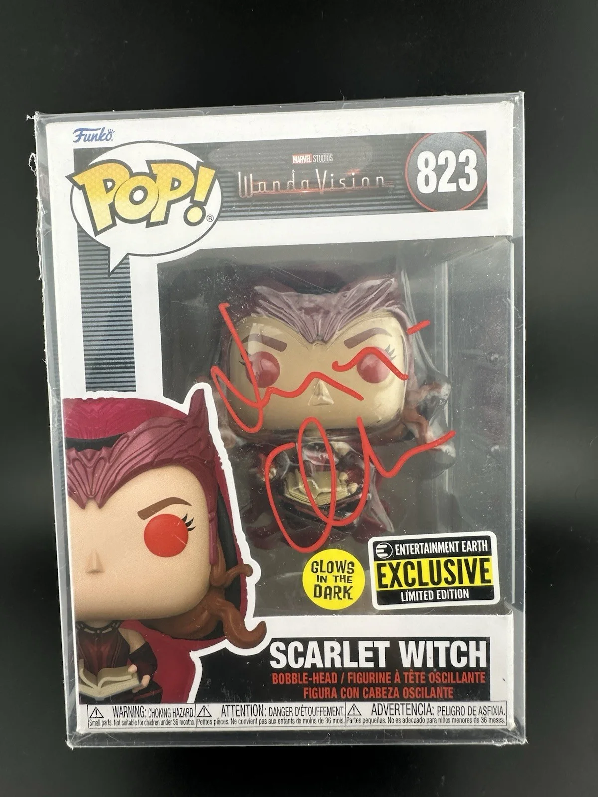 Elizabeth Olsen — Elizabeth Olsen Signed Scarlet Witch Red Eyes Funko Pop 823 Beckett Witnessed