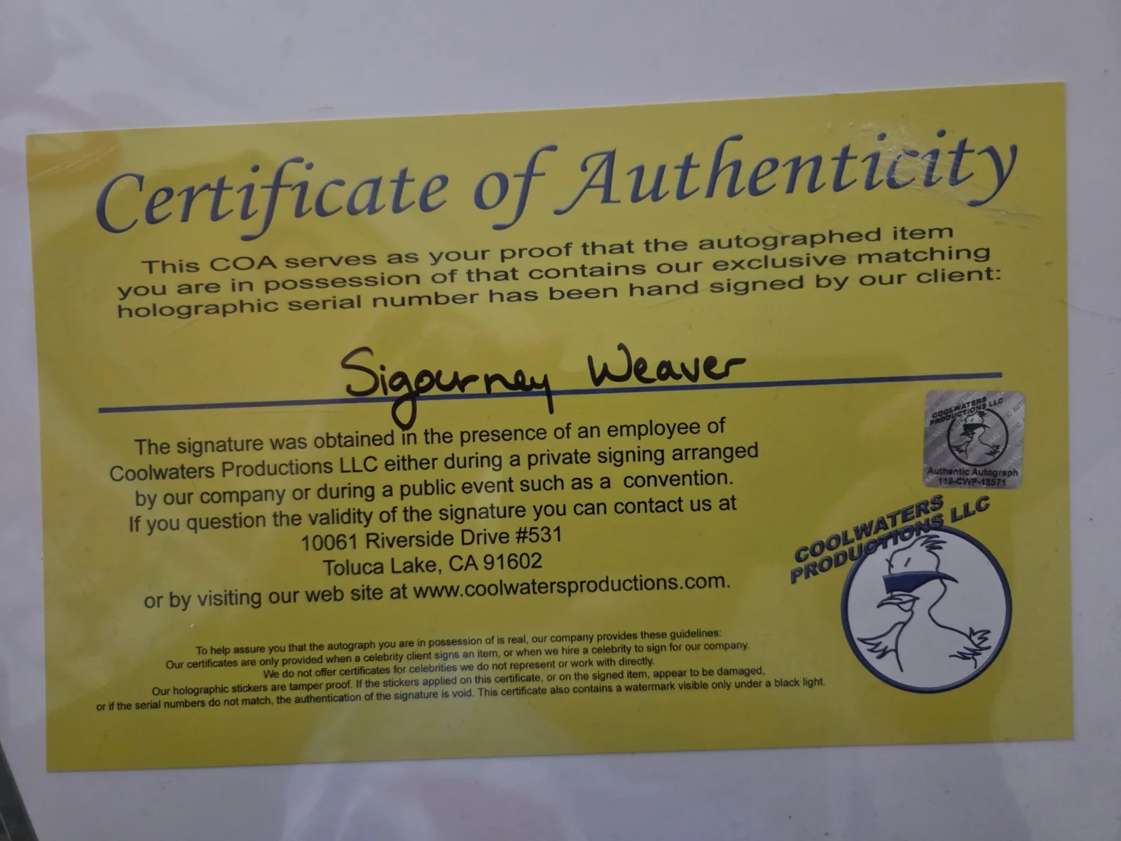 Sigourney Weaver — Sigourney Weaver Autographed Ripley Aliens Poster Certificate Of Authenticity, image 2