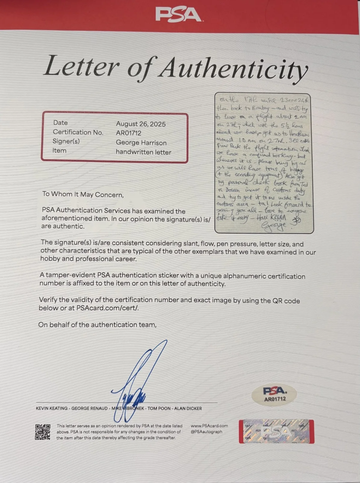 George Harrison Signed Handwritten 1974 Letter Beatles Beckett BAS PSA/DNA PSA, изображение 3