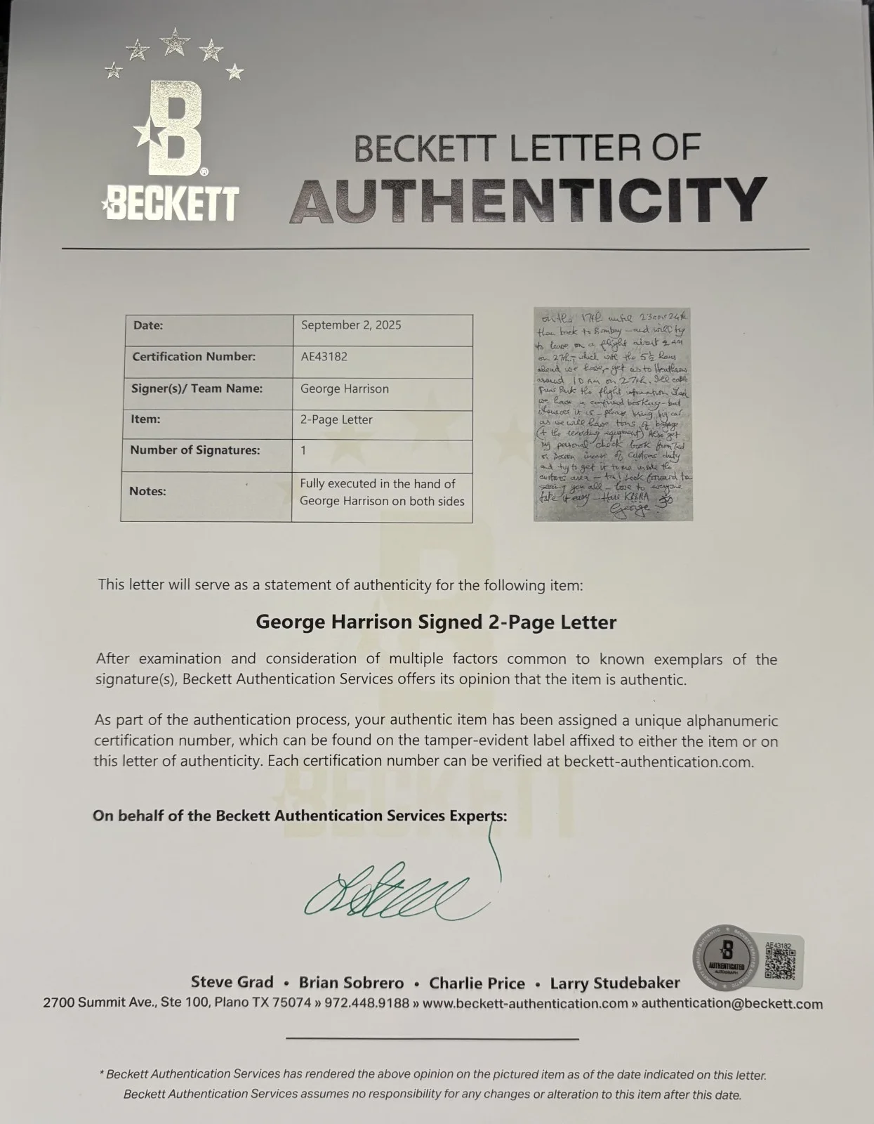 George Harrison Signed Handwritten 1974 Letter Beatles Beckett BAS PSA/DNA PSA, изображение 4