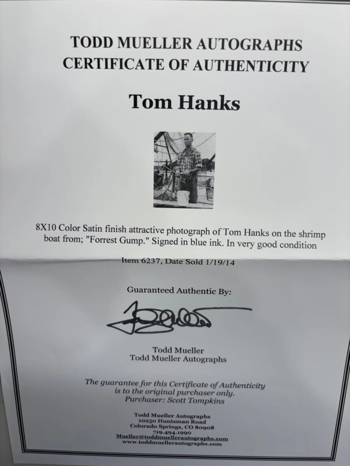 Tom Hanks — Tom Hanks as Forrest Gump signed photo…coa from Todd Mueller, image 2