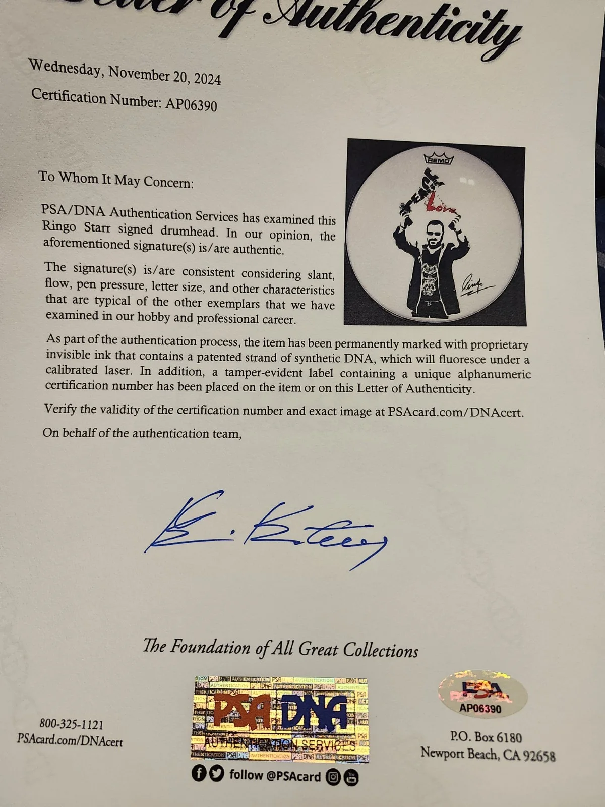 Ringo Starr The Beatles Signed Autograph Drumhead PSA Coa Full Letter Lennon, изображение 2
