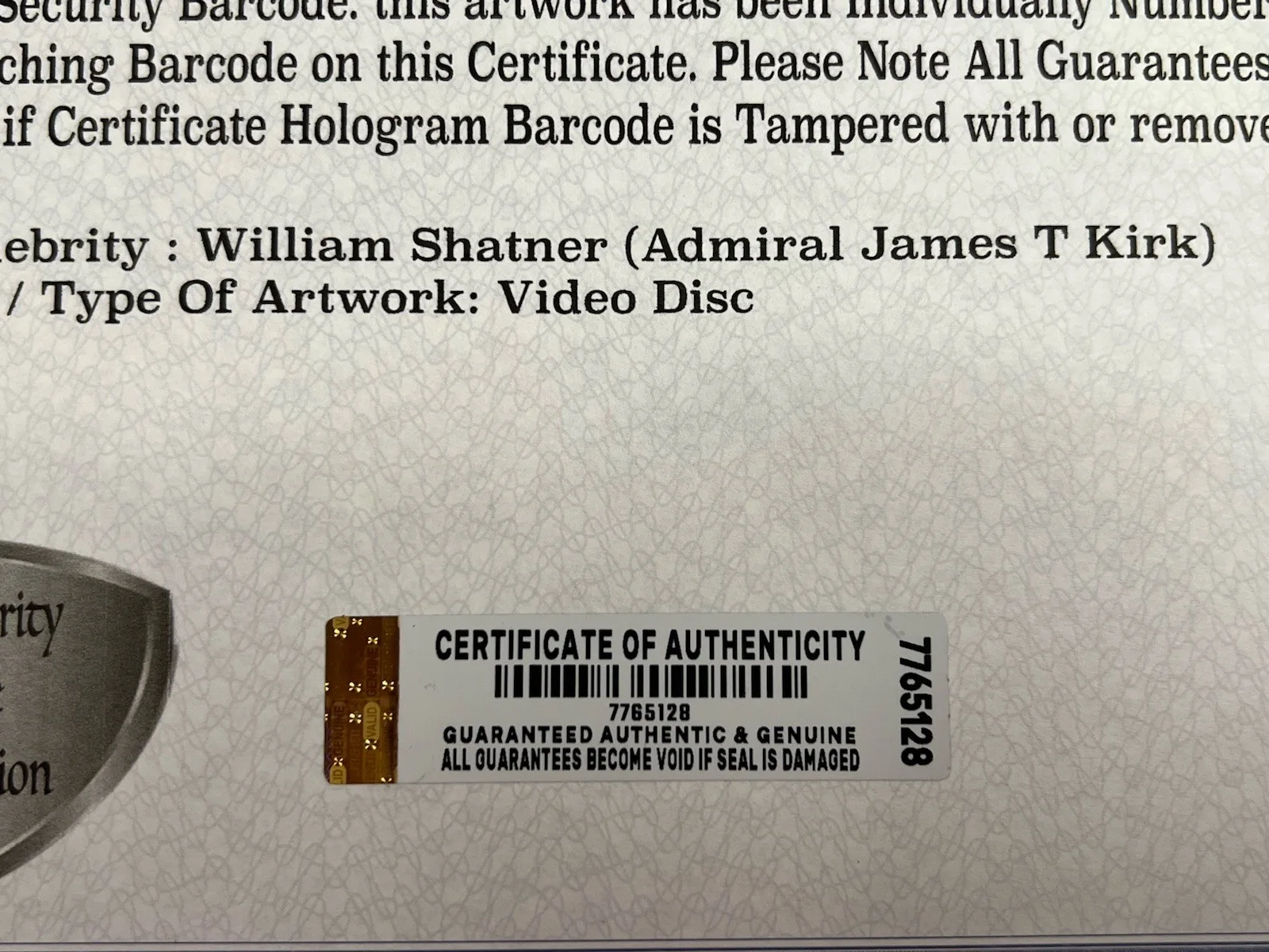 William Shatner Autograph On Star Trek Video Disk Cover With COA Captain Kirk, изображение 4