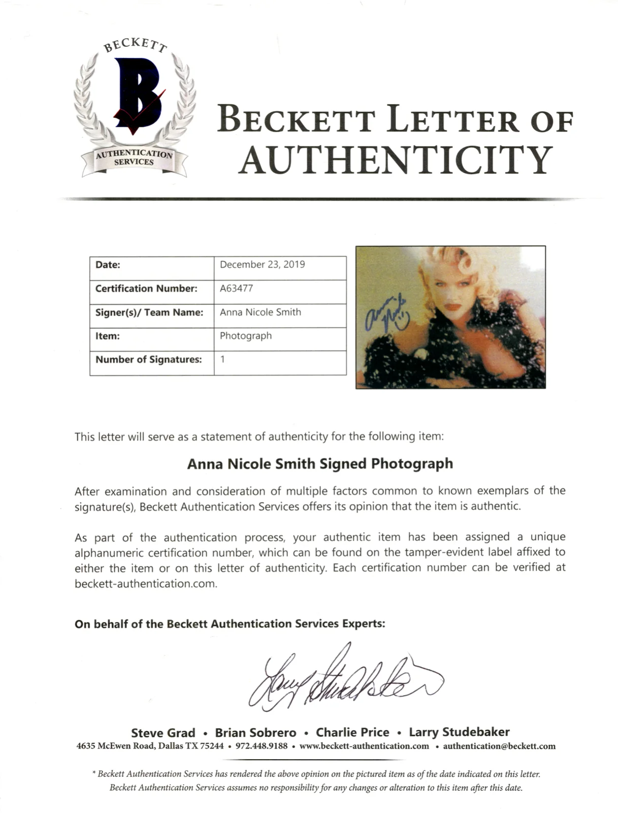 ANNA NICOLE SMITH SIGNED AUTOGRAPH PLAYBOY MODEL 8X10 PHOTO BECKETT BAS COA, image 2