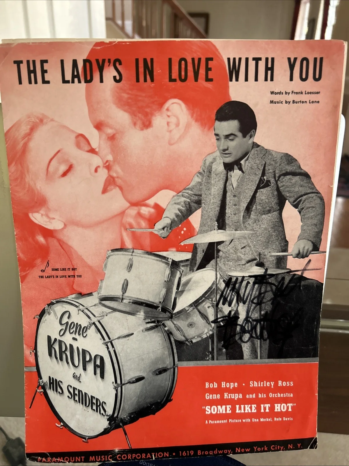 bob hope — Bob Hope Signed 1939 Gene Krupa Sheet Music From Some Like It Hot