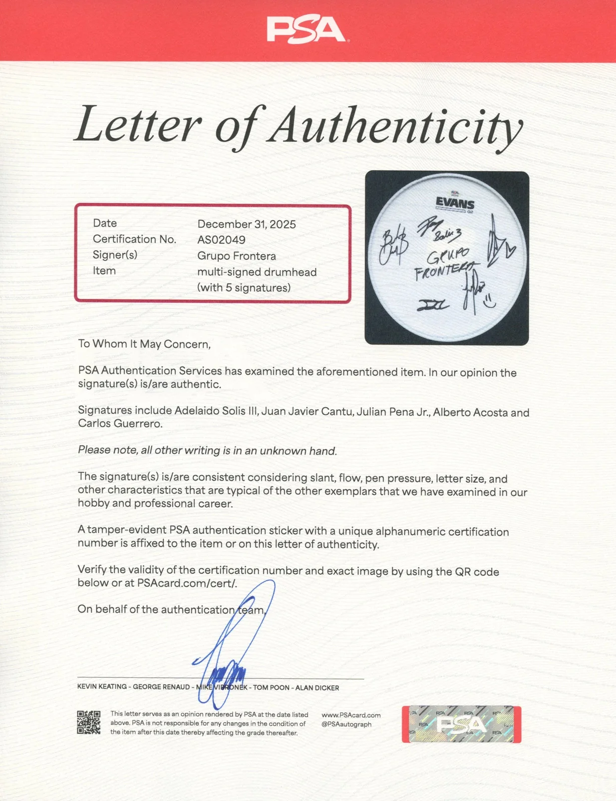 Grupo Frontera Signed Autographed 10” Drumhead PSA/DNA Authenticated, image 3