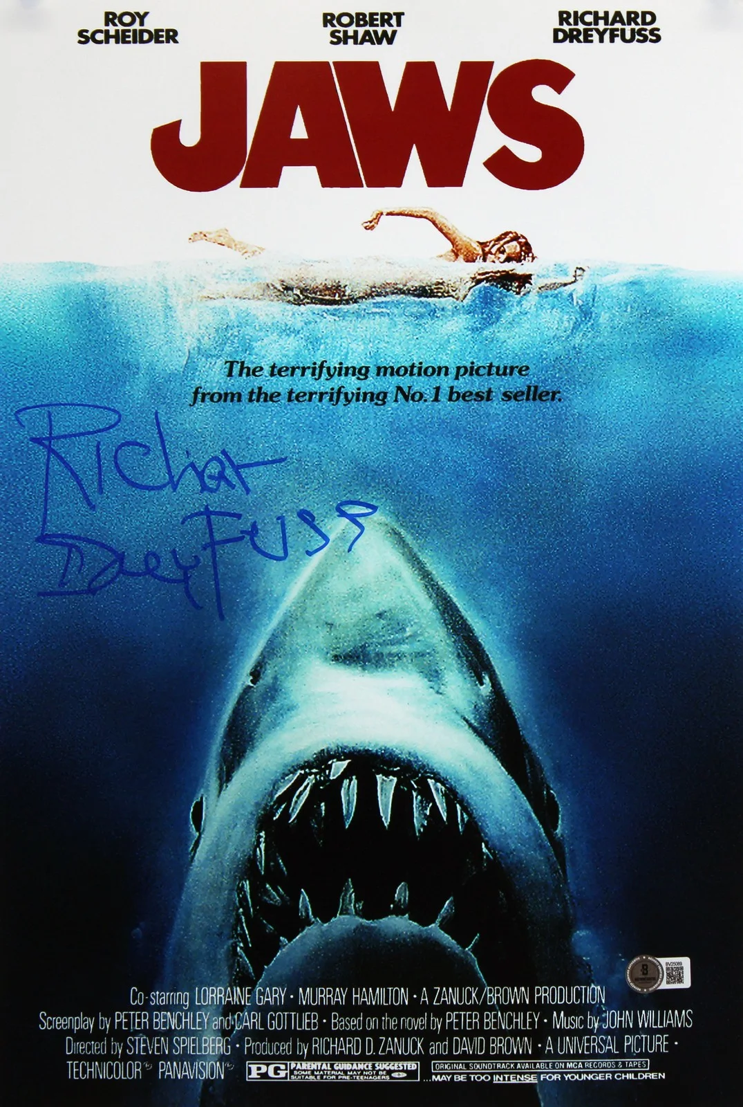 Richard Dreyfuss — Richard Dreyfuss Jaws Signed 12x18 Mini Movie Poster Photo BAS #BV25089