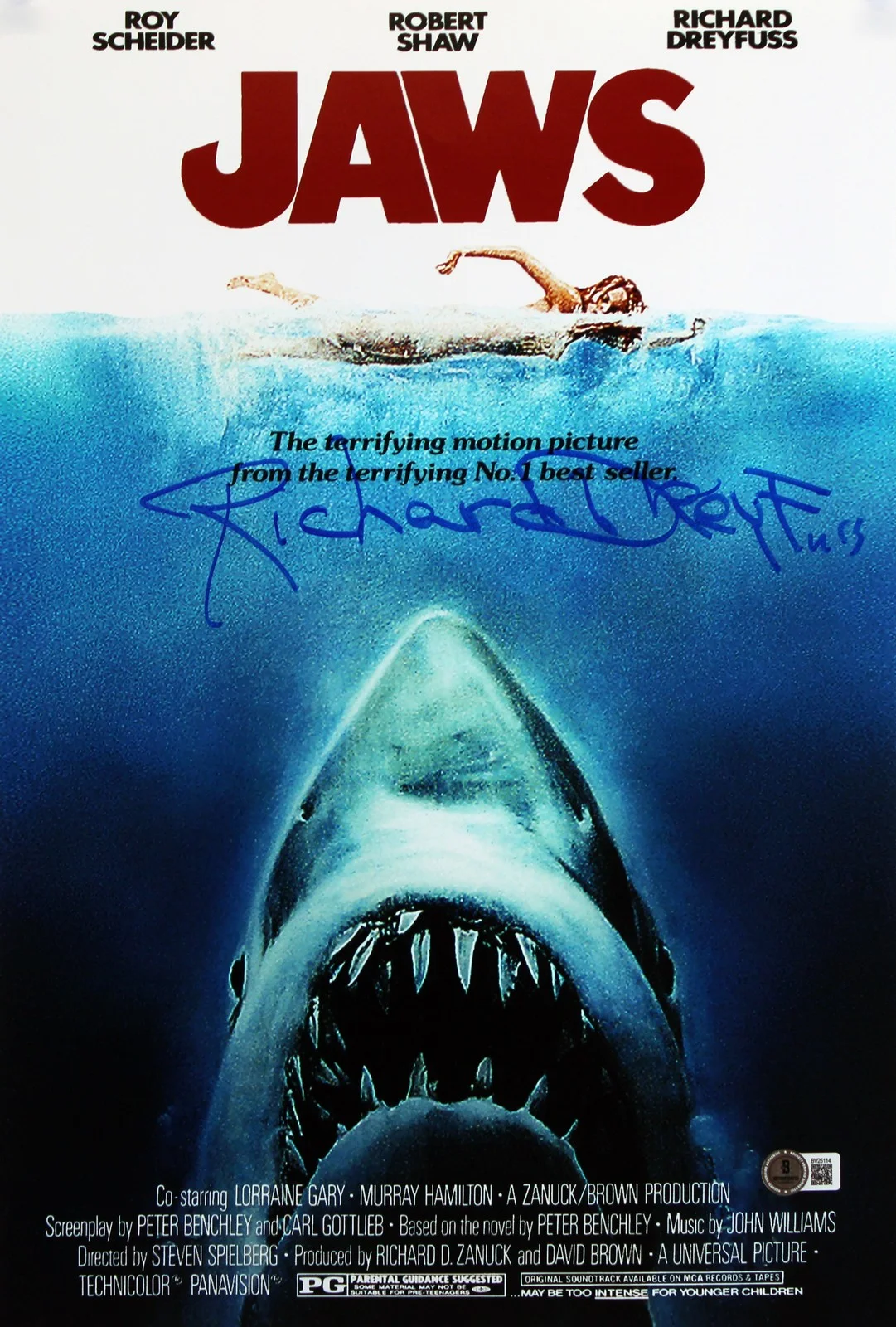 Richard Dreyfuss — Richard Dreyfuss Jaws Signed 12x18 Mini Movie Poster Photo BAS #BV25114
