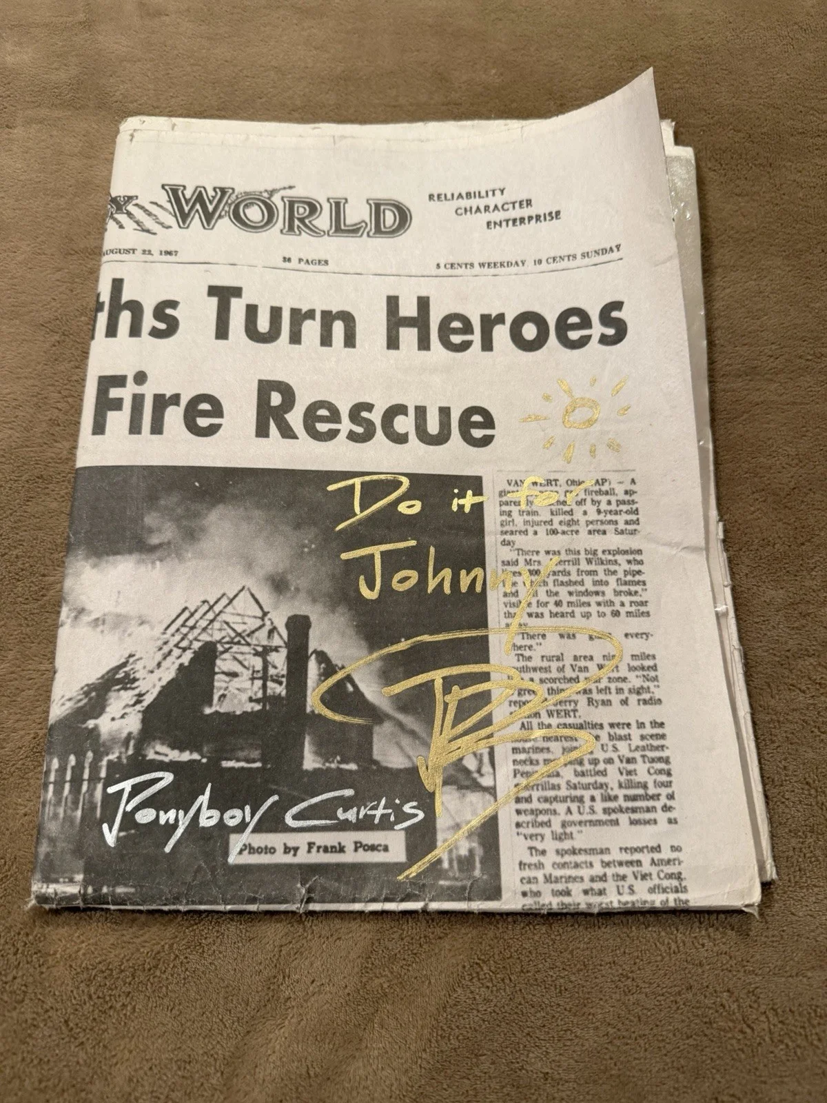 Brody Grant Signed Newspaper Stage Used Prop Outsiders Autograph Authentic, image 4