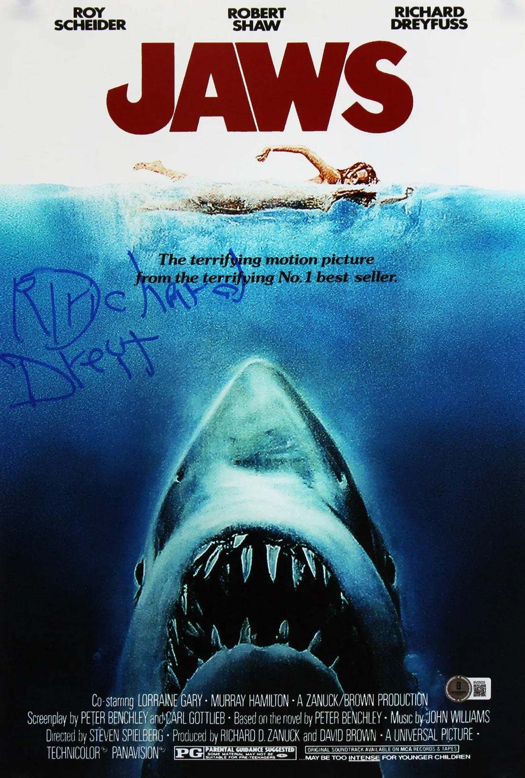 Richard Dreyfuss — Richard Dreyfuss Jaws Signed 12x18 Mini Movie Poster Photo BAS #BV25033