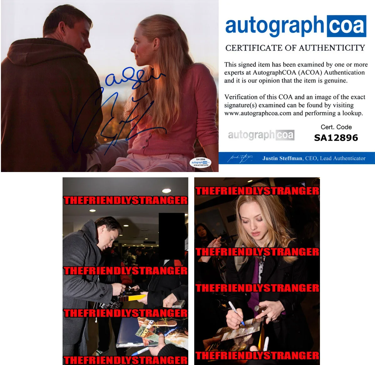 AMANDA SEYFRIED & CHANNING TATUM — Amanda Seyfried & Channing Tatum signed "DEAR JOHN" 8x10 Photo PROOF a ACOA COA