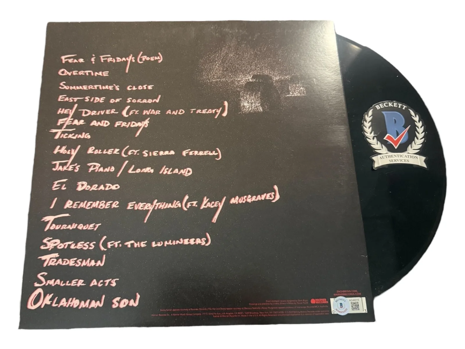ZACH BRYAN SIGNED AUTOGRAPH VINYL LP RECORD ALBUM BAS BECKETT, изображение 2