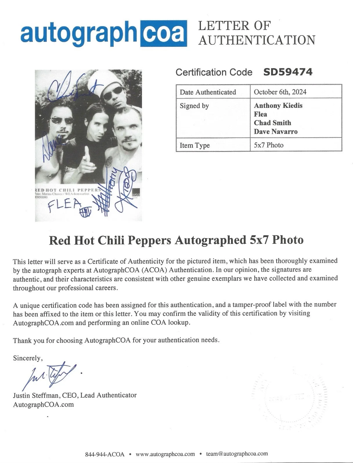RED HOT CHILI PEPPERS signed 5X7 autographed photo / LOA (ACOA) / Passpartout, image 3