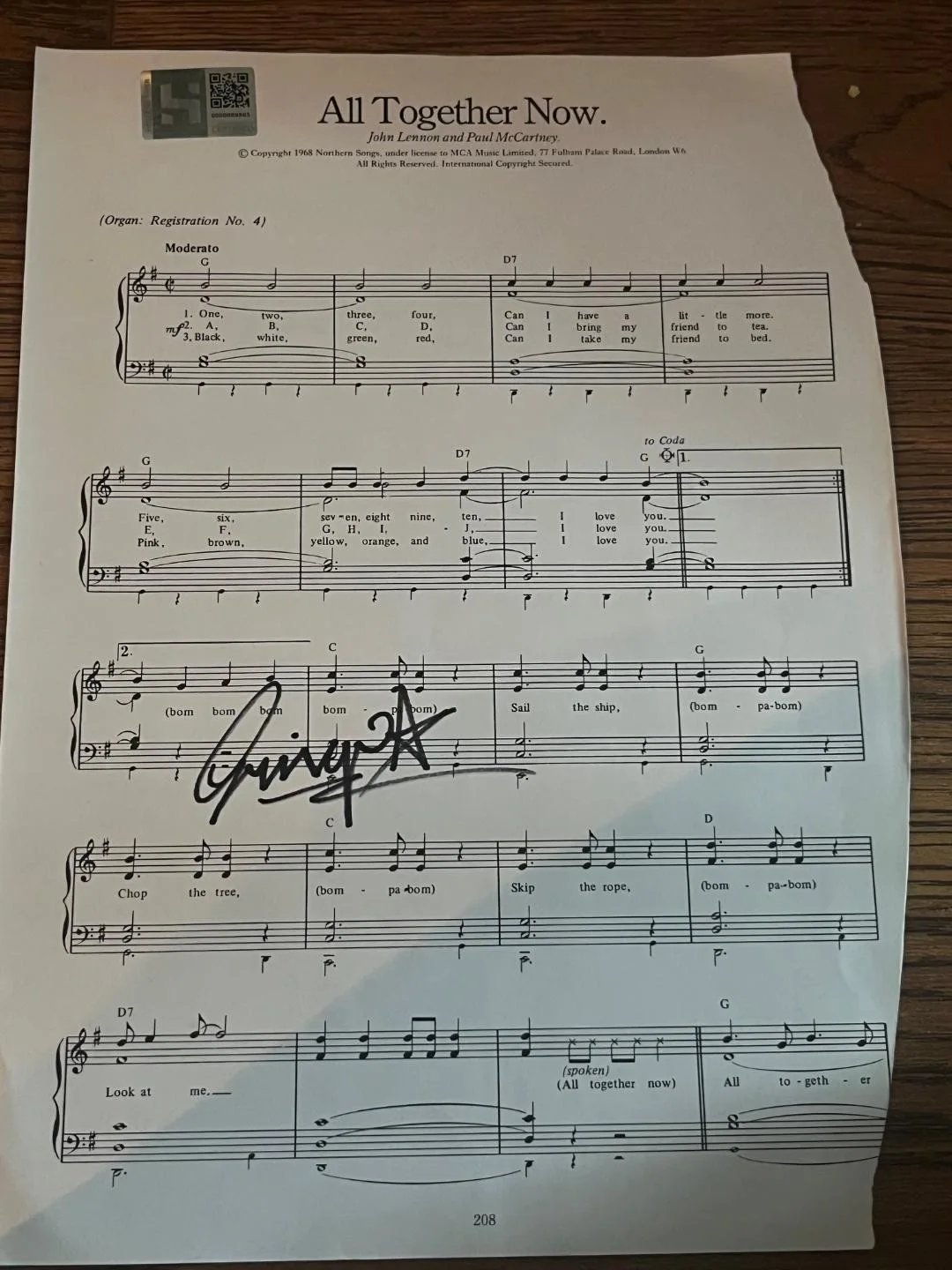 Ringo Starr Signed Sheet Music "All Together Now" HSA Authenticated, image 2