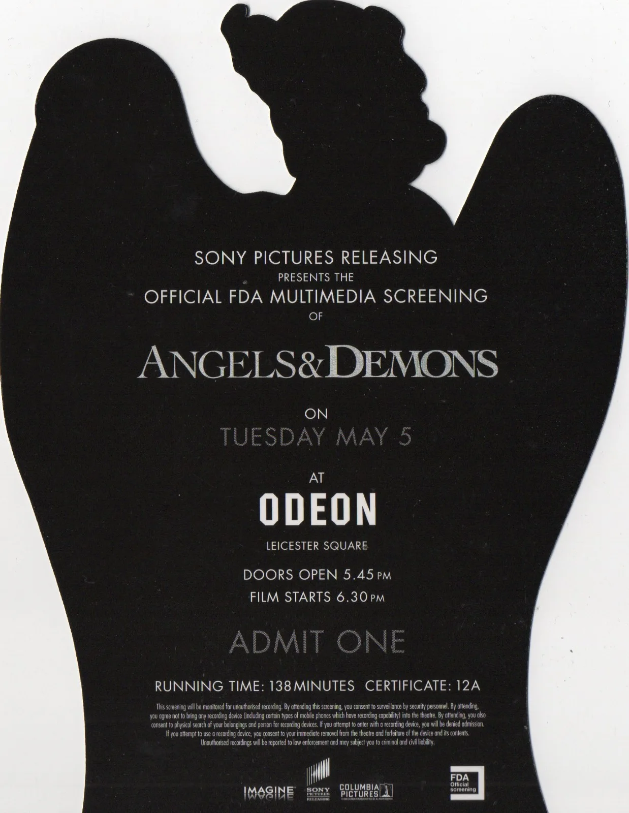 ANGELS & DEMONS - FDA Multimedia Screening Ticket London 2009 Tom Hanks *RARE*, image 2