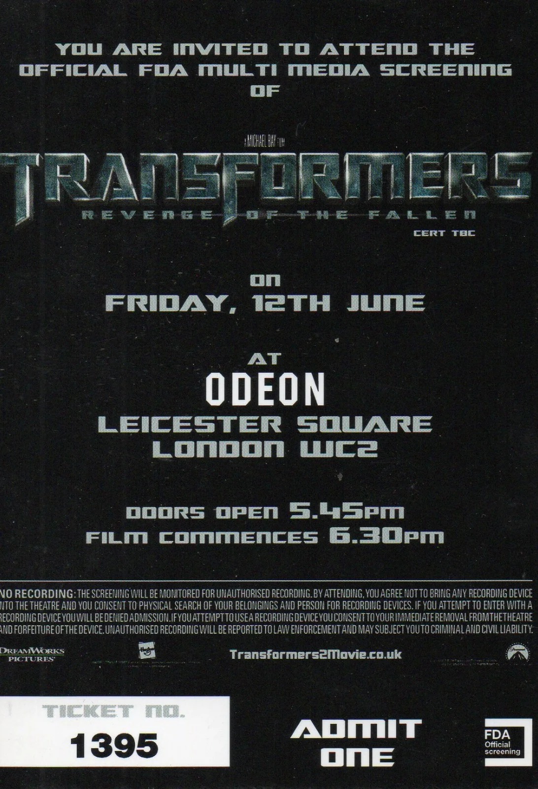 TRANSFORMERS - FDA Multimedia Screening Ticket London 2009 *RARE*, image 2