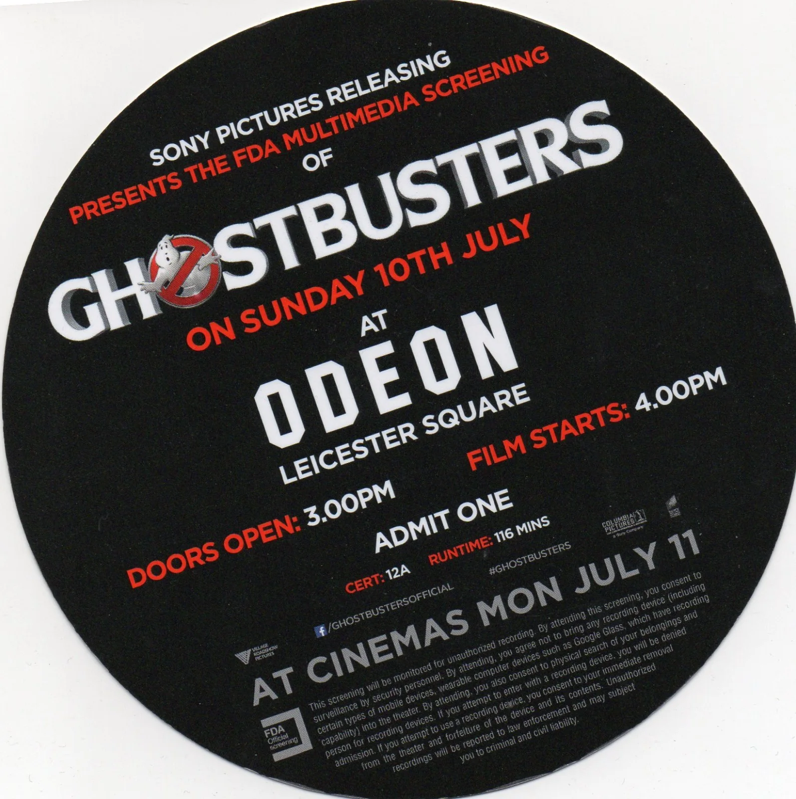 GHOSTBUSTERS - FDA Multimedia Screening Ticket London 2016 *RARE*, image 2