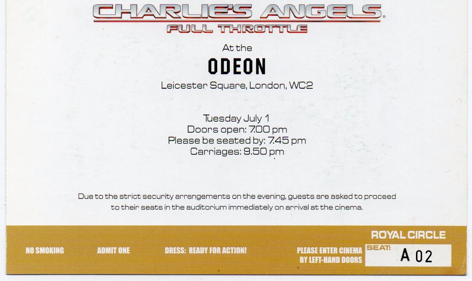 CHARLIE'S ANGELS - Gala Celebrity Premiere Ticket London 2003 *RARE*, image 2