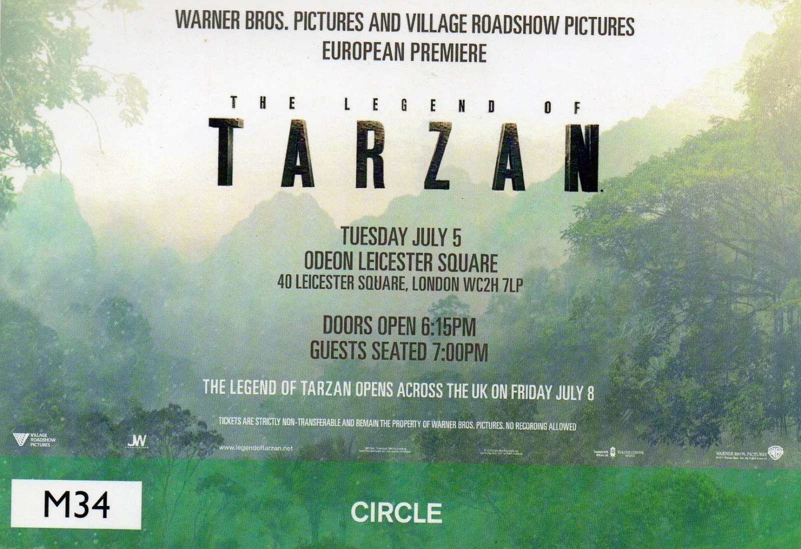 THE LEGEND OF TARZAN - European Premiere Ticket London 2016 Margot Robbie *RARE*, изображение 2