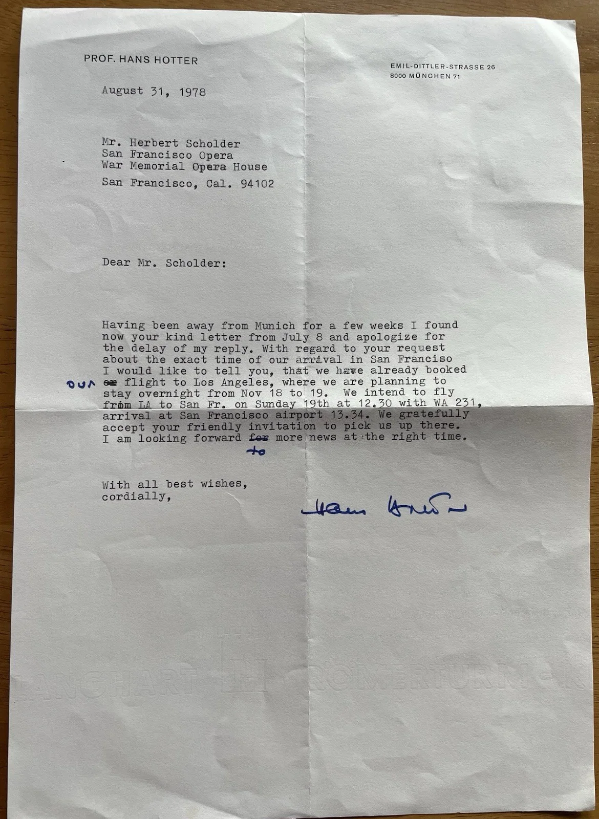 German Opera Singer Hans Hotter Autograph Letter, image 2
