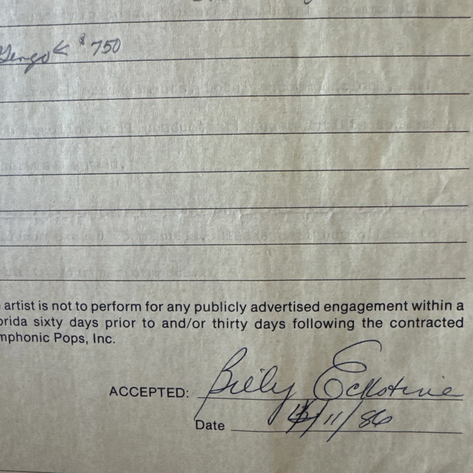 BILLY ECKSTINE SIGNED Contract 1986 Boca Raton Pops VG Condition, image 2