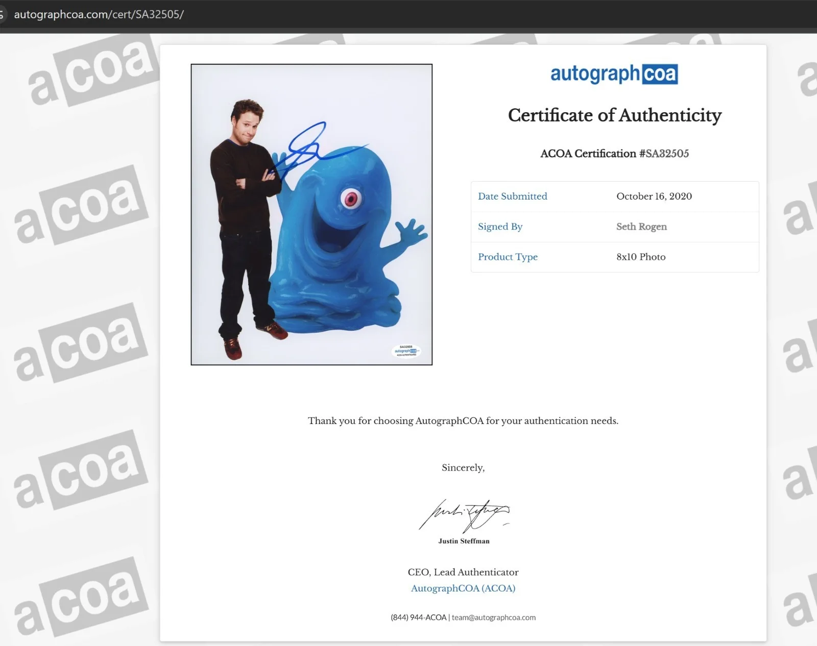 Seth Rogen — Seth Rogen Signed 8x10 B.O.B. Photo Autographed ACOA COA Monsters vs Aliens, изображение 2