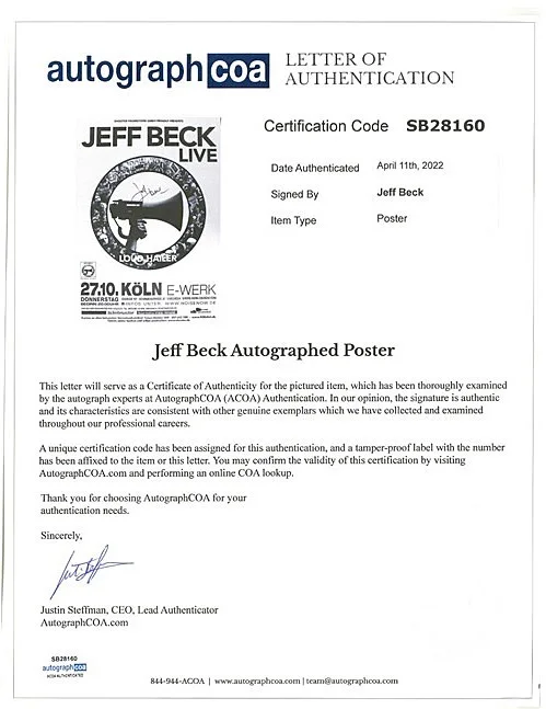 RARE -JEFF BECK- ACOA Signed/Autograph/Auto German Rock Music Concert Poster, изображение 2