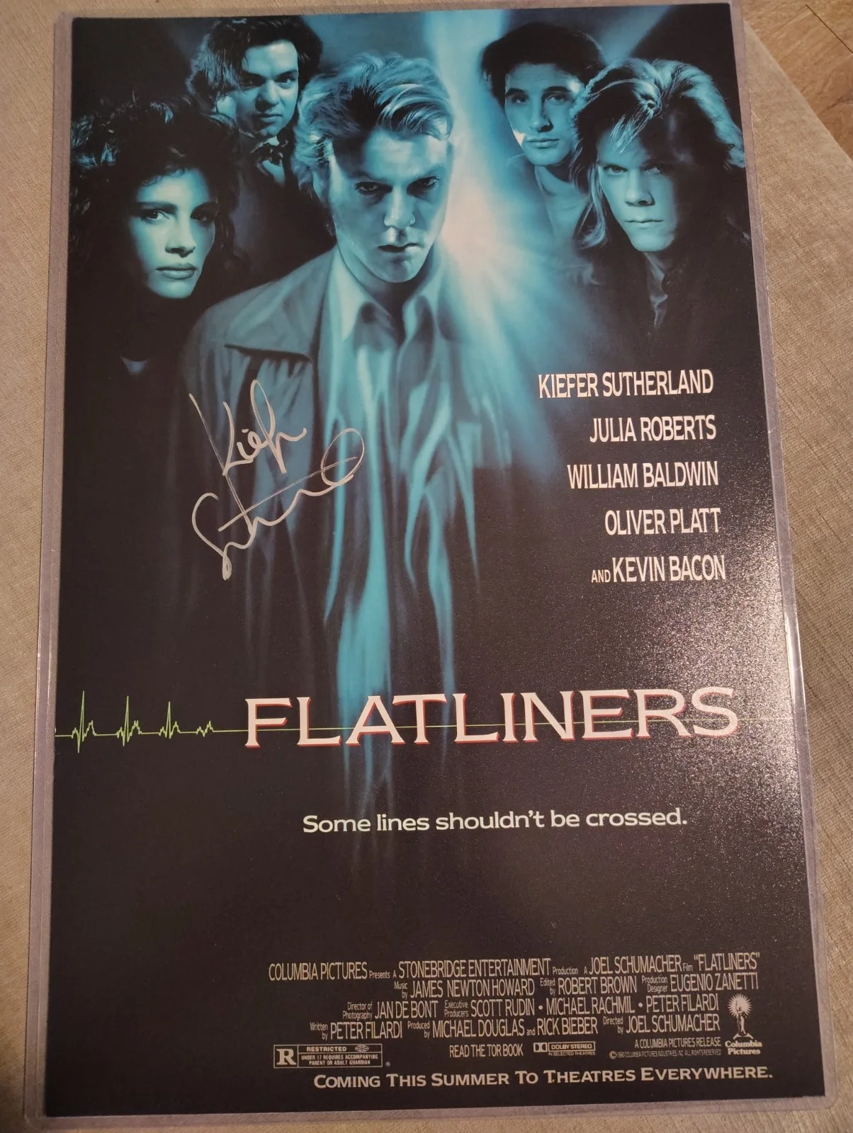 Kiefer Sutherland — KIEFER SUTHERLAND SIGNED FLATLINERS 11x17 MOVIE POSTER JSA COA Horror