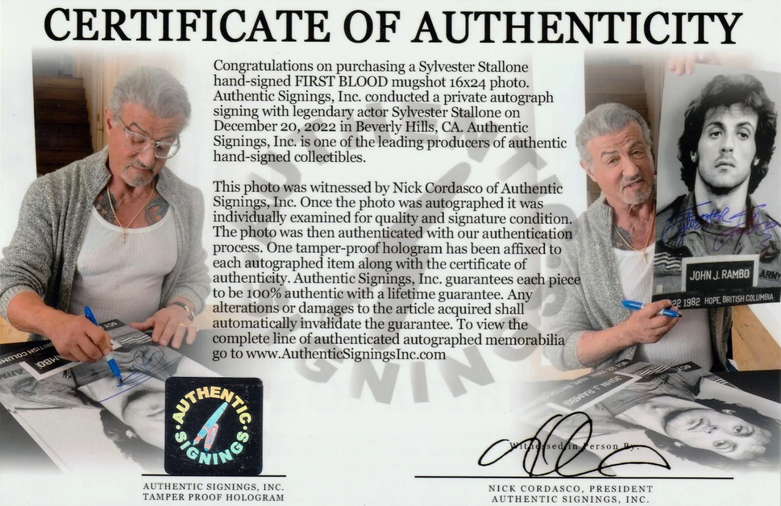 Sylvester Stallone — Sylvester Stallone Autographed RAMBO FIRST BLOOD Mugshot 16x24 Photo ASI Proof, image 2