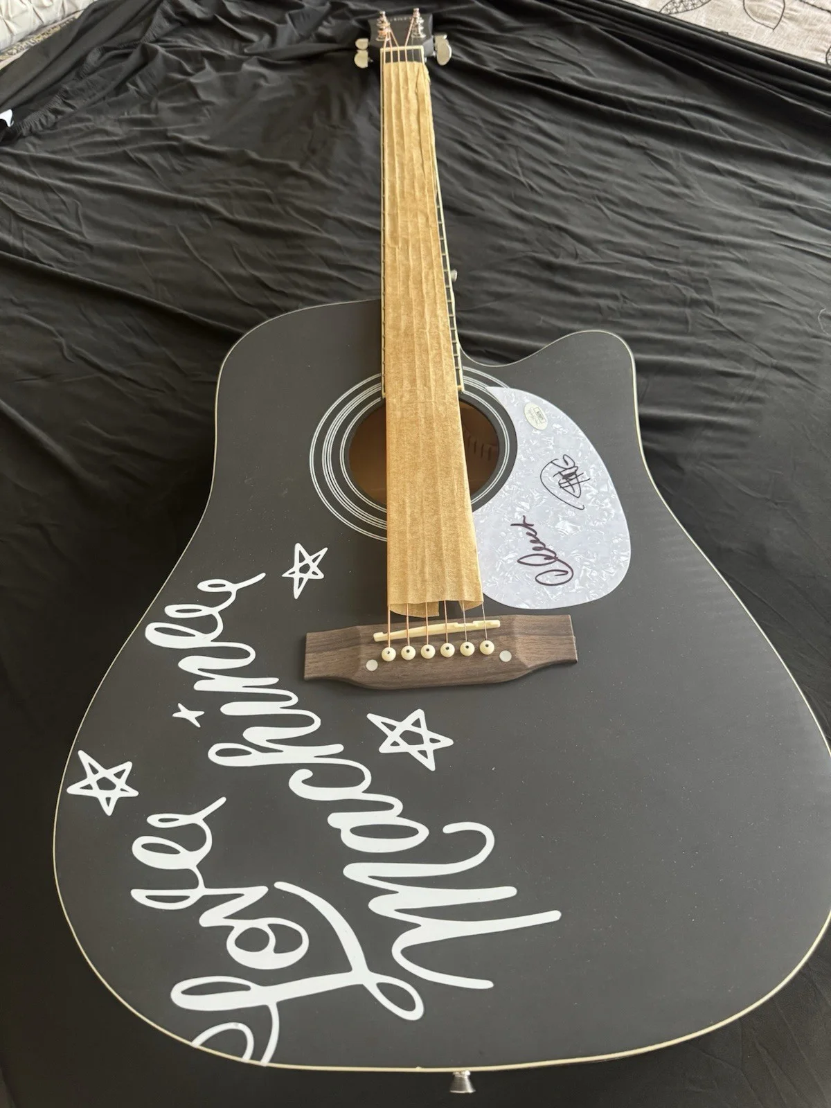 Cheech Marin, Tommy Chong — Cheech Marin and Tommy Chong Signed Autograph Black Custom Guitar JSA COA