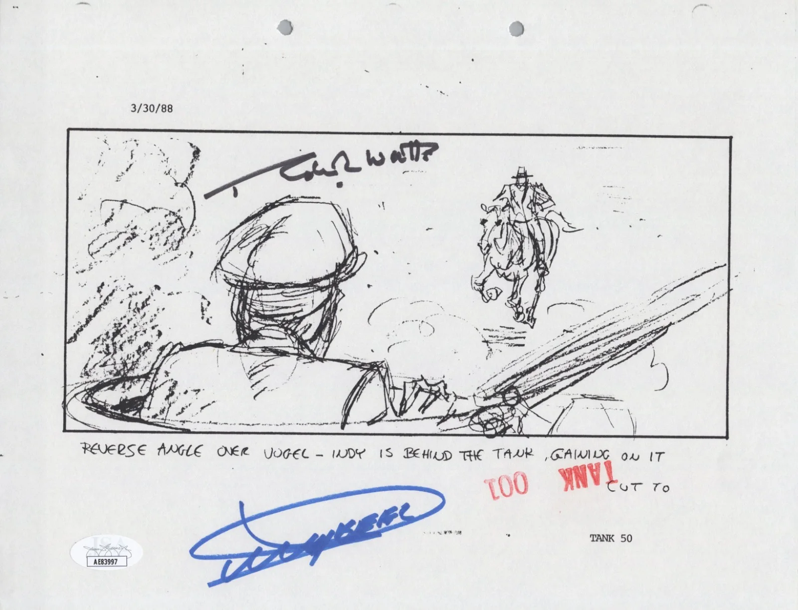 Dickey Beer — Indiana Jones - Storyboard signed by Dickey Beer & Robert Watts 8x10 JSA COA