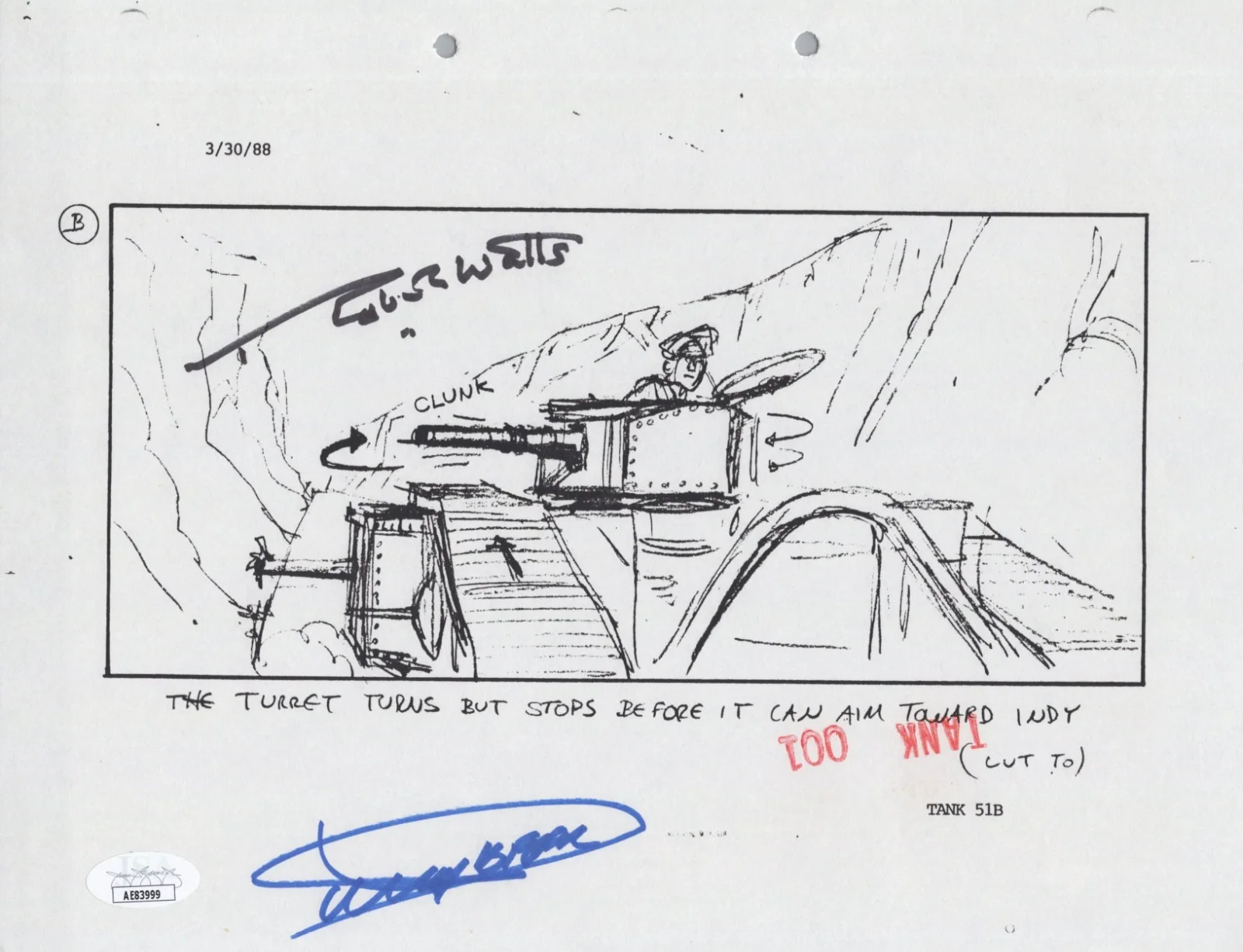 Dickey Beer — Indiana Jones - Storyboard signed by Dickey Beer & Robert Watts 8x10 JSA COA