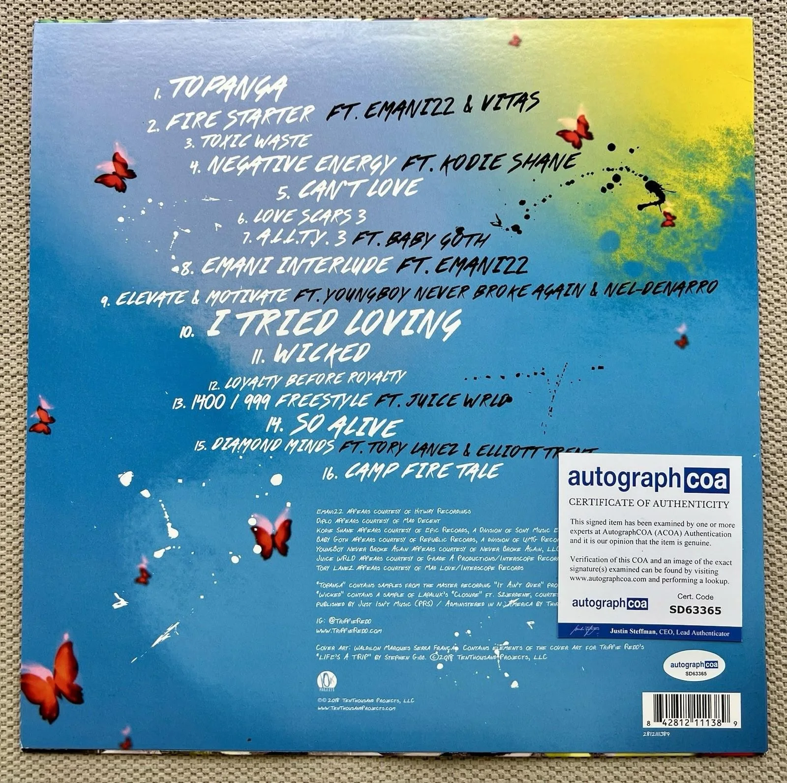 TRIPPIE REDD SIGNED “LIFES A TRIP” VINYL ALBUM BIG 14 AUTOGRAPH - ACOA COA, изображение 3