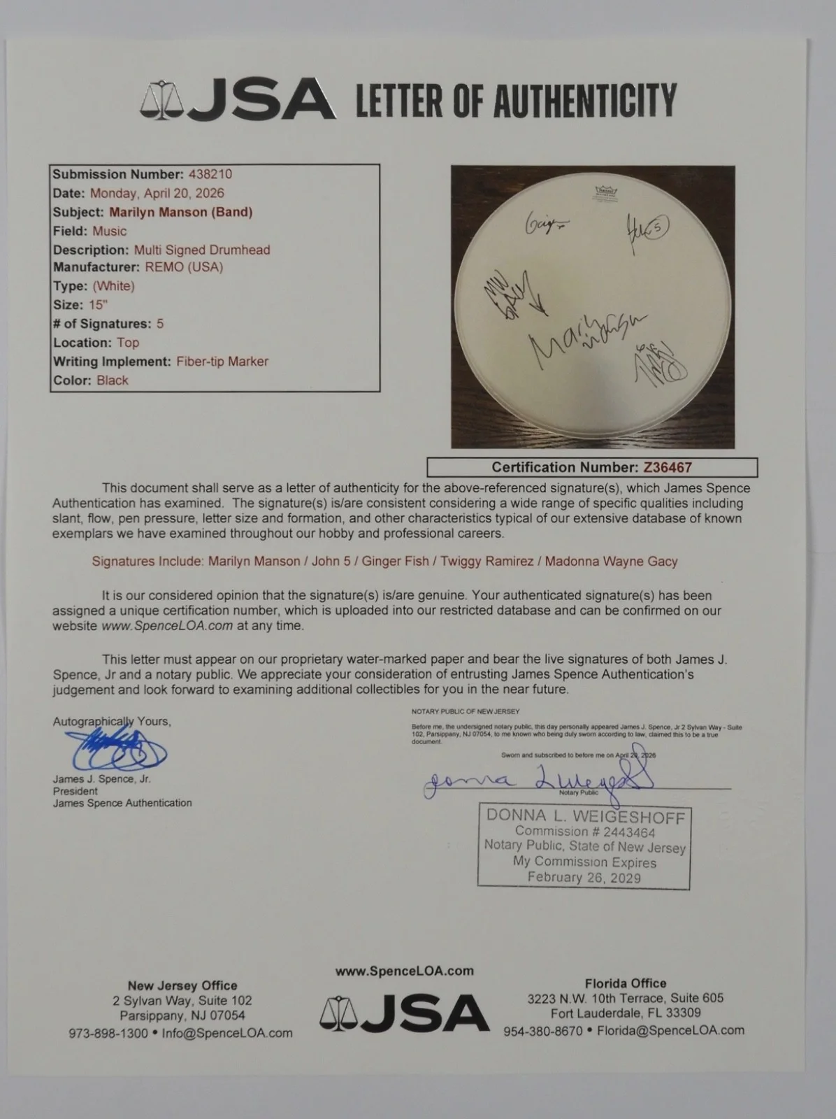 Marilyn Manson JSA ACOA Fully Signed Autograph Drum head John 5, image 4