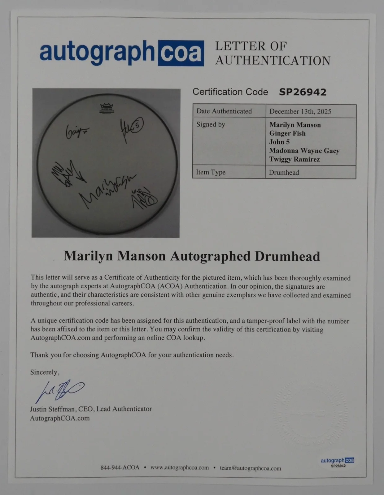 Marilyn Manson JSA ACOA Fully Signed Autograph Drum head John 5, image 5