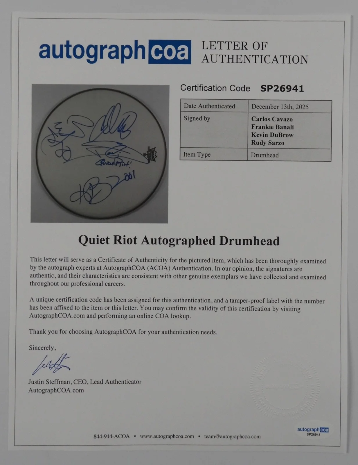 Quiet Riot ACOA JSA Fully Signed Autograph Drum head Kevin DuBrow, image 3