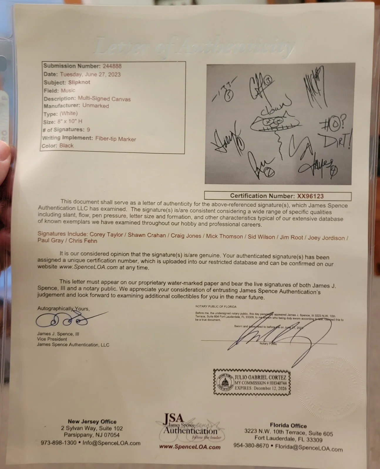 SLIPKNOT BAND Autographed Canvas Signed By 9 - FULL JSA LOA COA. Taylor Crahan, изображение 4