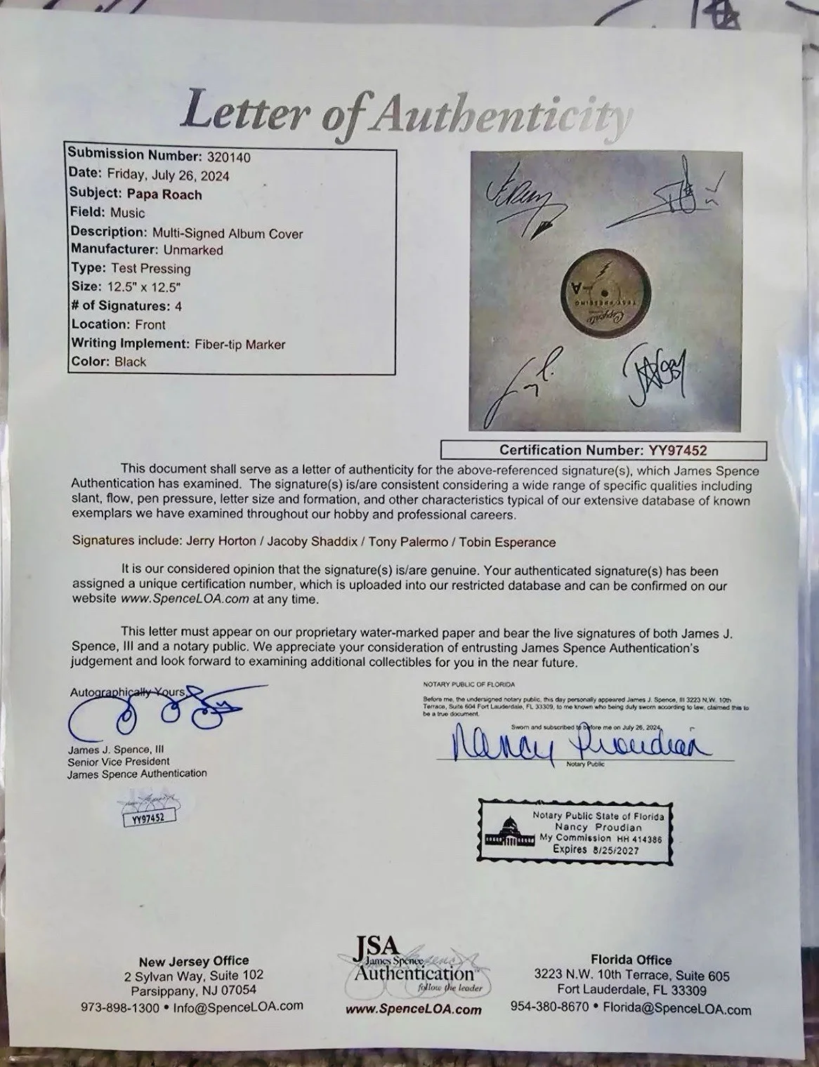 Papa Roach Band Signed Greatest Hits Vol 2 Test Pressing Vinyl Record JSA COA, image 2